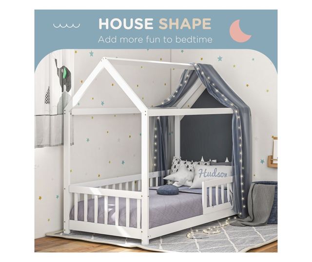 Pat Montessori pentru Copii in Forma de Casuta cu 15 Sipci si Bariere de Protectie, 96x195x165 cm, Alb