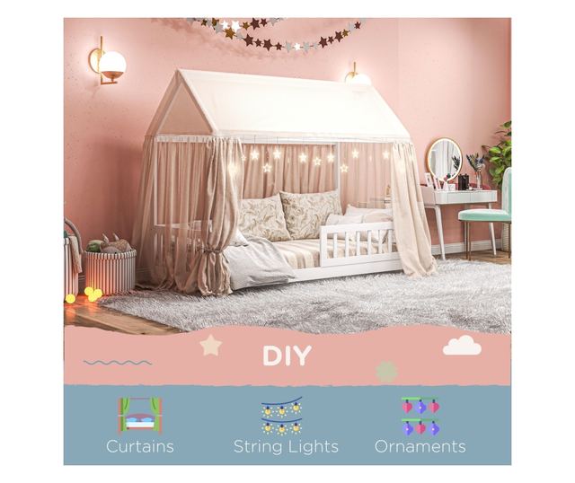 Pat Montessori pentru Copii in Forma de Casuta cu 15 Sipci si Bariere de Protectie, 96x195x165 cm, Alb