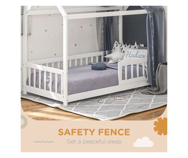 Pat Montessori pentru Copii in Forma de Casuta cu 15 Sipci si Bariere de Protectie, 96x195x165 cm, Alb