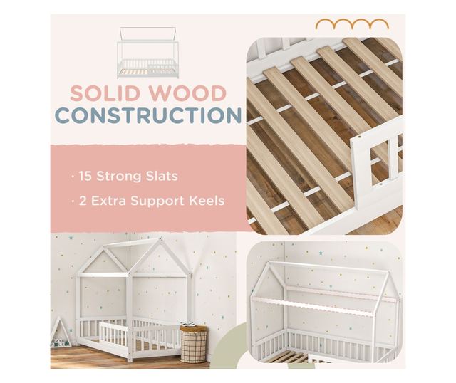Pat Montessori pentru Copii in Forma de Casuta cu 15 Sipci si Bariere de Protectie, 96x195x165 cm, Alb