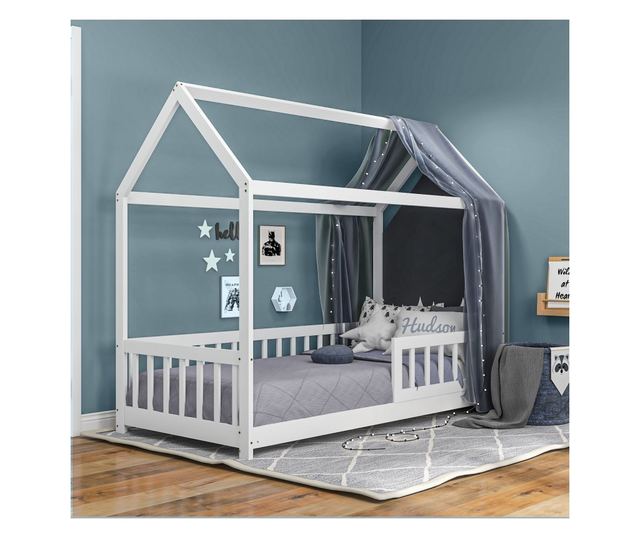 Pat Montessori pentru Copii in Forma de Casuta cu 15 Sipci si Bariere de Protectie, 96x195x165 cm, Alb