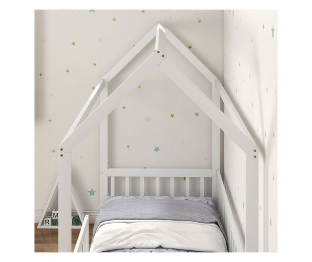 Pat Montessori pentru Copii in Forma de Casuta cu 15 Sipci si Bariere de Protectie, 96x195x165 cm, Alb