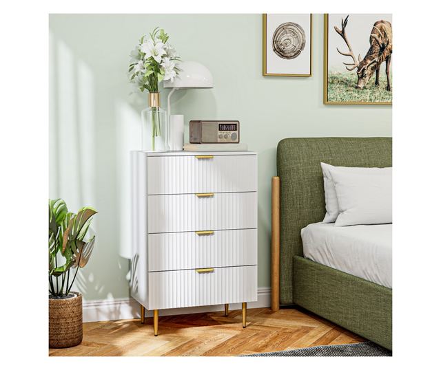 Дървен скрин с 4 чекмеджета от MDF, модерен скрин със златни дръжки и крака, 60x40x96 см, бял