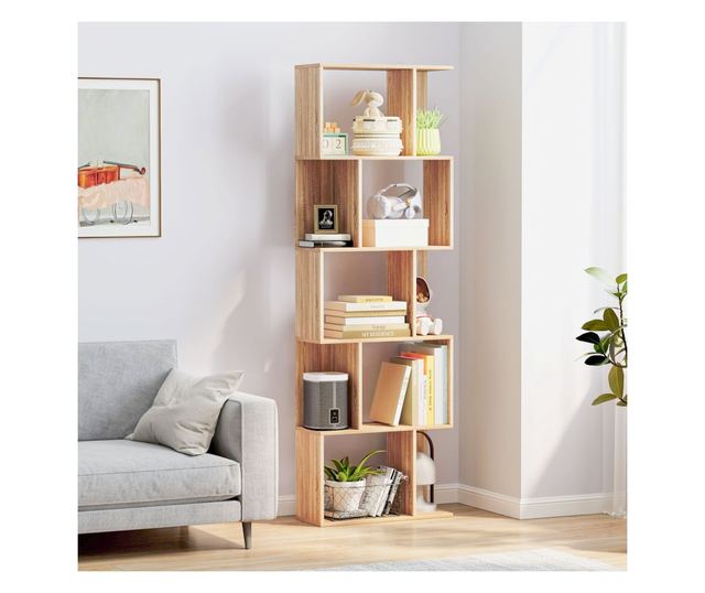 Biblioteca cu 5 Rafturi Separate cu Spatiu de Economisire in Forma de S din Lemn, 60x24x184,5 cm, Lemn Natural