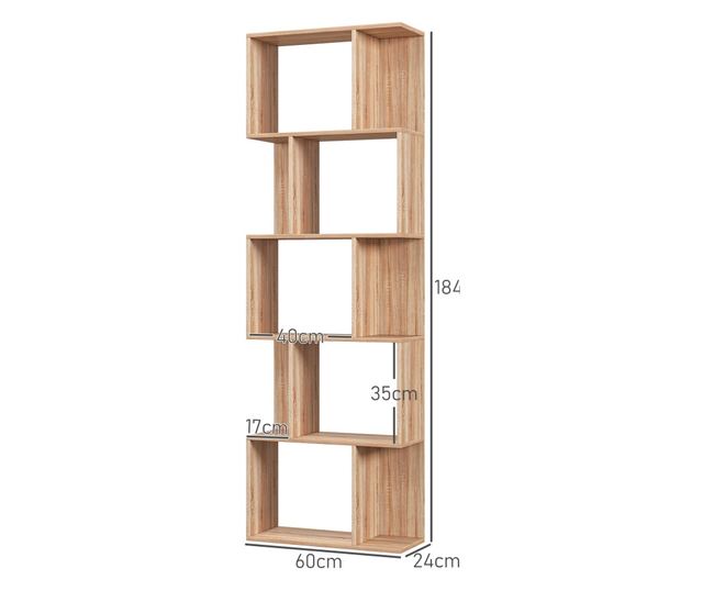 Biblioteca cu 5 Rafturi Separate cu Spatiu de Economisire in Forma de S din Lemn, 60x24x184,5 cm, Lemn Natural