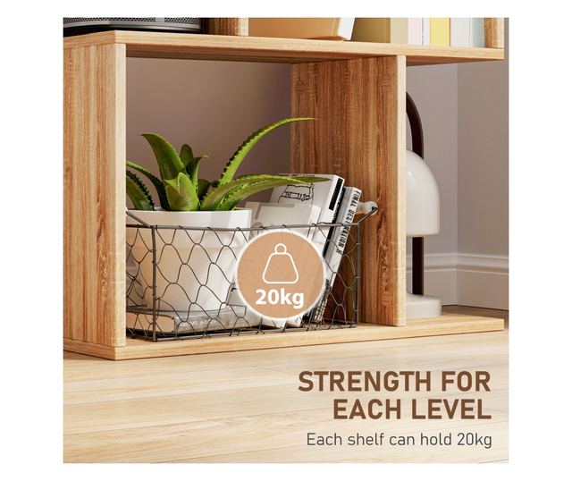 Biblioteca cu 5 Rafturi Separate cu Spatiu de Economisire in Forma de S din Lemn, 60x24x184,5 cm, Lemn Natural