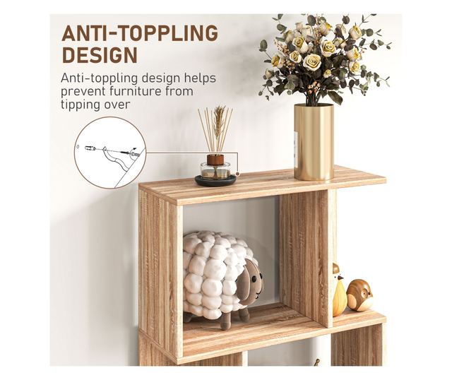 Biblioteca cu 5 Rafturi Separate cu Spatiu de Economisire in Forma de S din Lemn, 60x24x184,5 cm, Lemn Natural