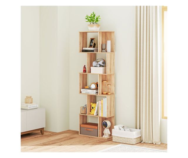 Biblioteca cu 5 Rafturi Separate cu Spatiu de Economisire in Forma de S din Lemn, 60x24x184,5 cm, Lemn Natural
