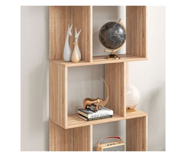 Biblioteca cu 5 Rafturi Separate cu Spatiu de Economisire in Forma de S din Lemn, 60x24x184,5 cm, Lemn Natural