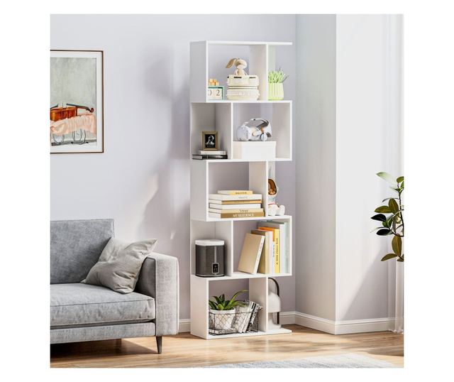 Raft pentru Carti cu 5 Rafturi Separate, Biblioteca in Forma de S din Lemn, 60x24x184,5 cm, Alb