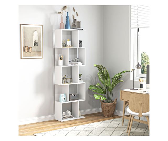 Raft pentru Carti cu 5 Rafturi Separate, Biblioteca in Forma de S din Lemn, 60x24x184,5 cm, Alb