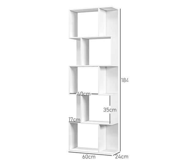 Raft pentru Carti cu 5 Rafturi Separate, Biblioteca in Forma de S din Lemn, 60x24x184,5 cm, Alb