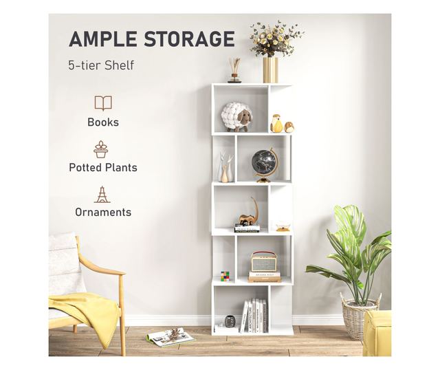 Raft pentru Carti cu 5 Rafturi Separate, Biblioteca in Forma de S din Lemn, 60x24x184,5 cm, Alb