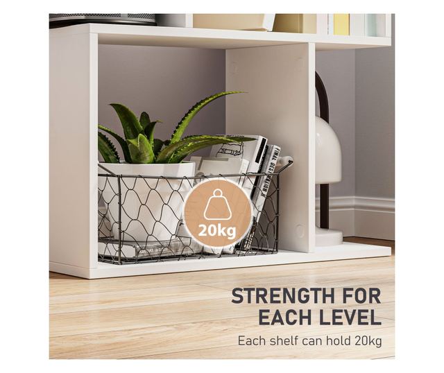 Raft pentru Carti cu 5 Rafturi Separate, Biblioteca in Forma de S din Lemn, 60x24x184,5 cm, Alb