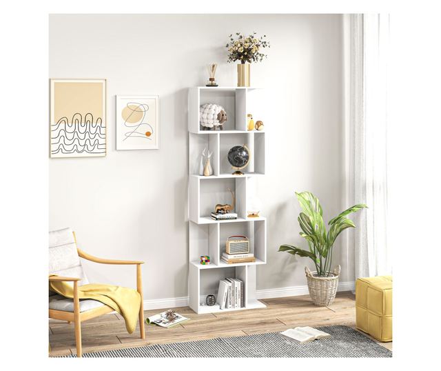 Raft pentru Carti cu 5 Rafturi Separate, Biblioteca in Forma de S din Lemn, 60x24x184,5 cm, Alb