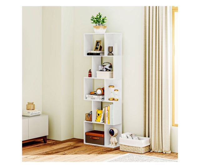 Raft pentru Carti cu 5 Rafturi Separate, Biblioteca in Forma de S din Lemn, 60x24x184,5 cm, Alb