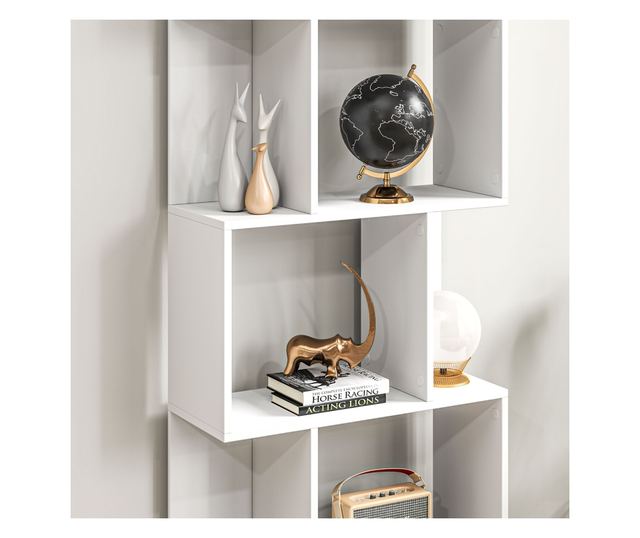 Raft pentru Carti cu 5 Rafturi Separate, Biblioteca in Forma de S din Lemn, 60x24x184,5 cm, Alb