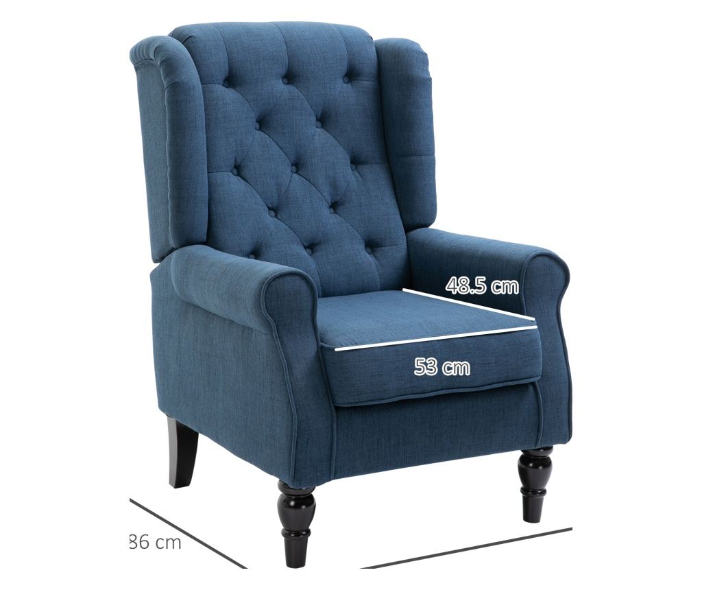 Scaun Decorativ Capitonat cu Spatar Inalt, Cotiere Rotunjite Captusite și Sezut cu Captuseala Groasa, Albastru - 4