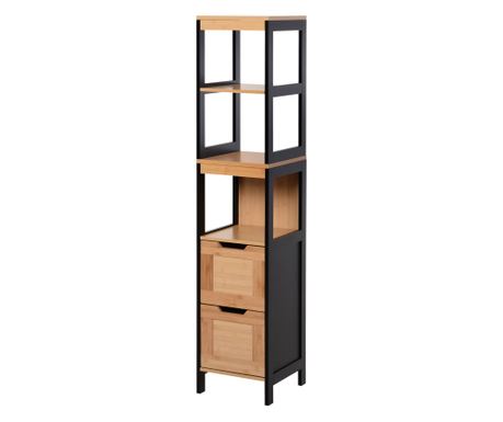 Fürdőszobai szekrény 2 fiókkal és 3 nyitott rekesszel, MDF és bambusz fa fürdőszobabútor 30x30x142,5 cm, fa színű