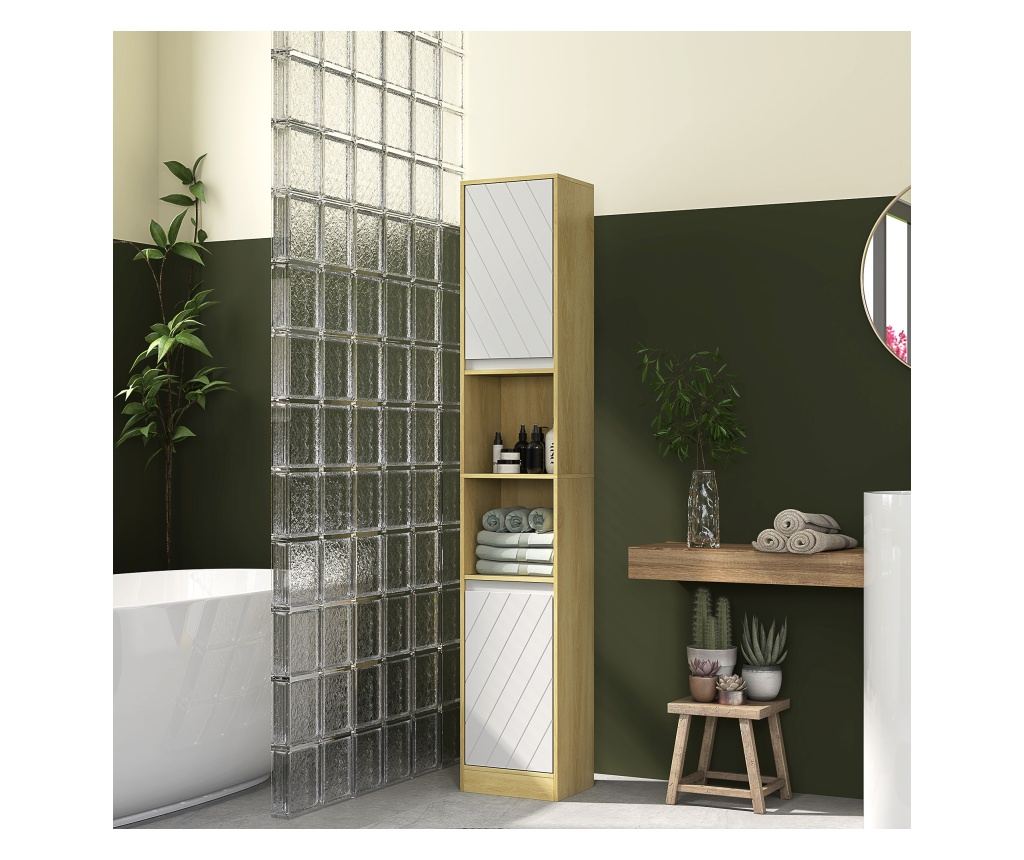 Dulap Inalt de Baie Spatios, Mobilier de Baie cu 2 Dulapuri si Rafturi Reglabile, 30x24x170 cm, Lemn Natural - 2