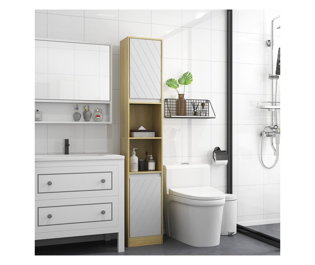 Dulap Inalt de Baie Spatios, Mobilier de Baie cu 2 Dulapuri si Rafturi Reglabile, 30x24x170 cm, Lemn Natural - 3