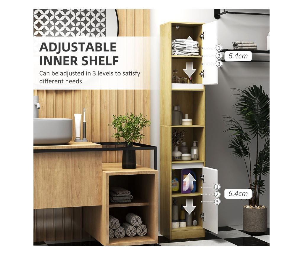 Dulap Inalt de Baie Spatios, Mobilier de Baie cu 2 Dulapuri si Rafturi Reglabile, 30x24x170 cm, Lemn Natural - 7