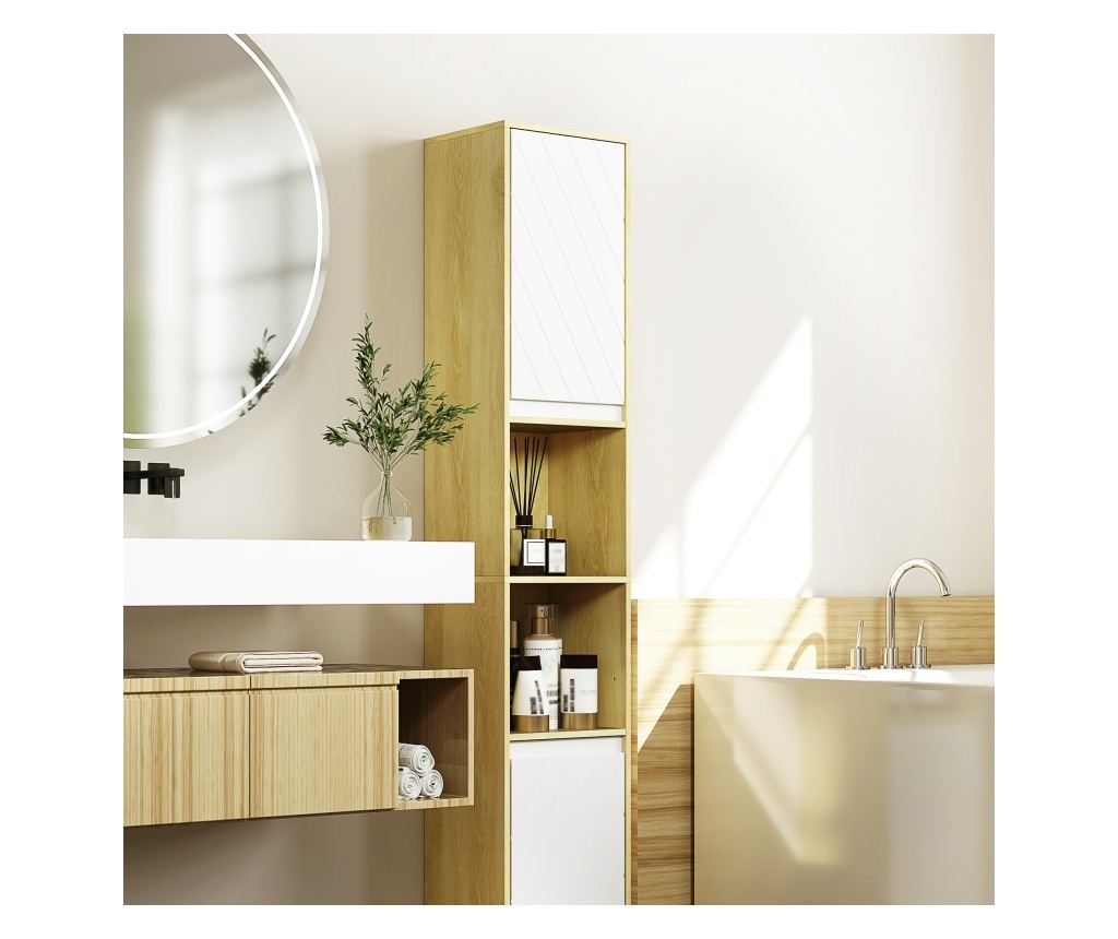 Dulap Inalt de Baie Spatios, Mobilier de Baie cu 2 Dulapuri si Rafturi Reglabile, 30x24x170 cm, Lemn Natural - 9