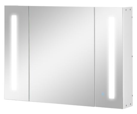 LED Fürdőszobai Tükrös Szekrény 3 Ajtóval és Állítható Polcokkal, 90x15x65 cm, Fehér