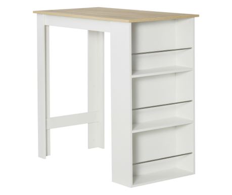 Bárpult 3 polccal és korláttal, konyhai pult acélból és forgácslapból, 112x57x106 cm, fehér