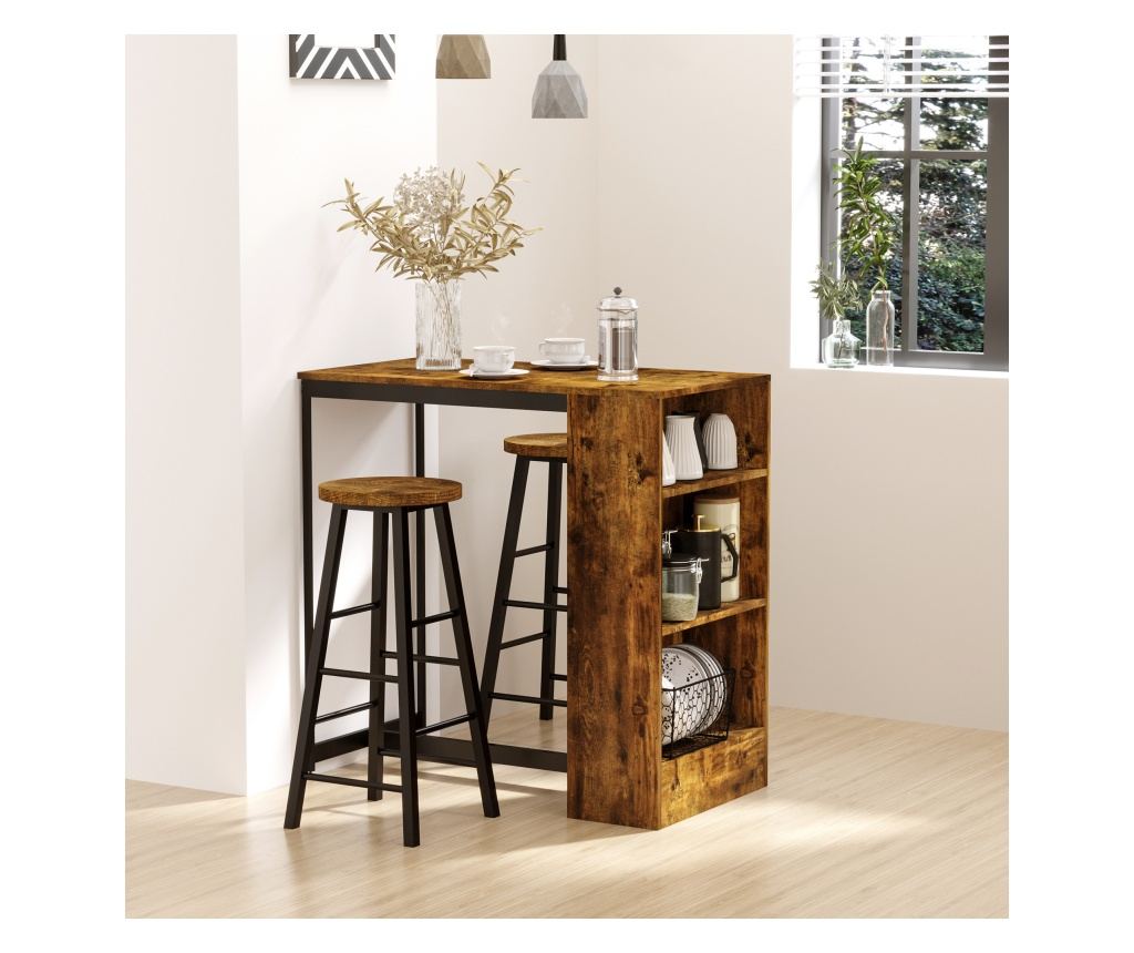 Set de Masa de Bar si Scaune cu Raft de Depozitare, 91x49x91 cm, Maro Rustic - 2