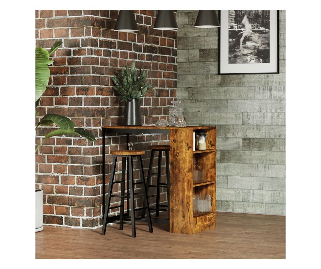 Set de Masa de Bar si Scaune cu Raft de Depozitare, 91x49x91 cm, Maro Rustic - 3