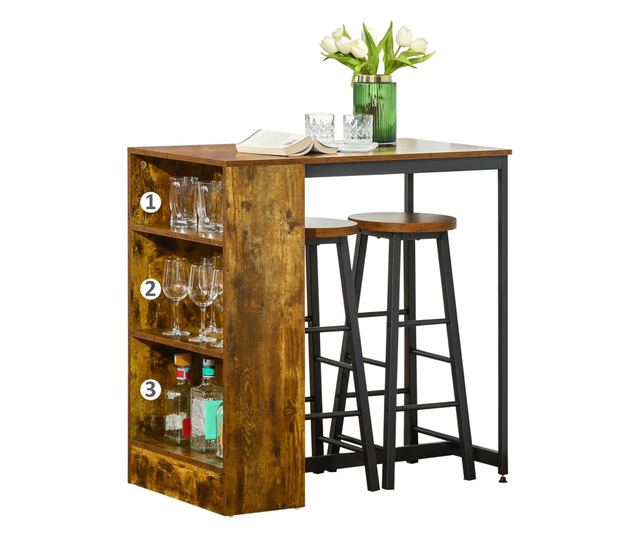 Set de Masa de Bar si Scaune cu Raft de Depozitare, 91x49x91 cm, Maro Rustic