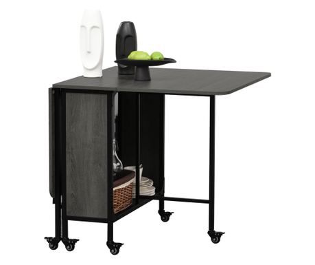 Masa Pliabila, Rabatabila pentru 4-6 Persoane cu Raft si 6 Roti, din Lemn si Metal, 130x80x74 cm, Gri