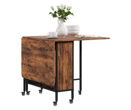 Masa Pliabila pentru Bucatarie si Sufragerie cu 6 Roti si Raft, Masa de Dining Pliabila, 80x30x74 cm, Maro Rustic