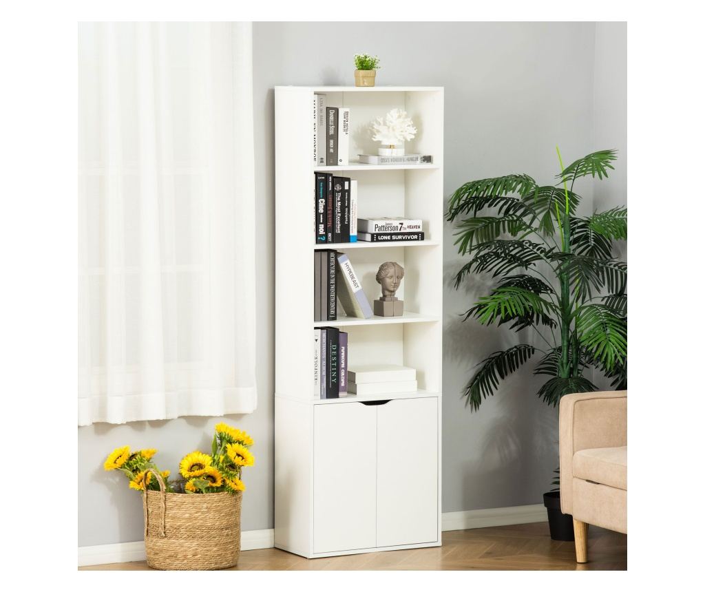 Модерна етажерка с 4 рафта и шкаф с 2 врати, за всекидневна, 59x29x180 см, бяла - 2