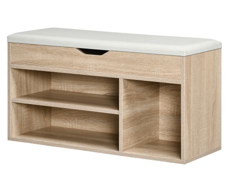 Bancă pentru Pantofi cu 3 Compartimente, Spațiu Ascuns și Șezut din Piele PU, 80x30x45 cm, Lemn Natural
