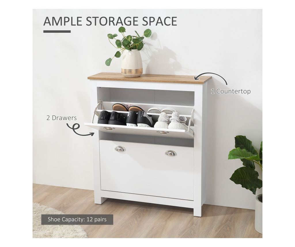 Dulap pentru Pantofi cu 2 Sertare pentru 12 Perechi de Incaltaminte, Dulap de Depozitare, 79x23x90,5 cm, Alb - 5