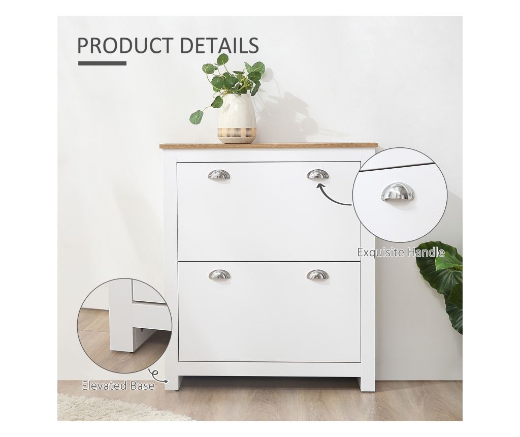 Dulap pentru Pantofi cu 2 Sertare pentru 12 Perechi de Incaltaminte, Dulap de Depozitare, 79x23x90,5 cm, Alb - 7