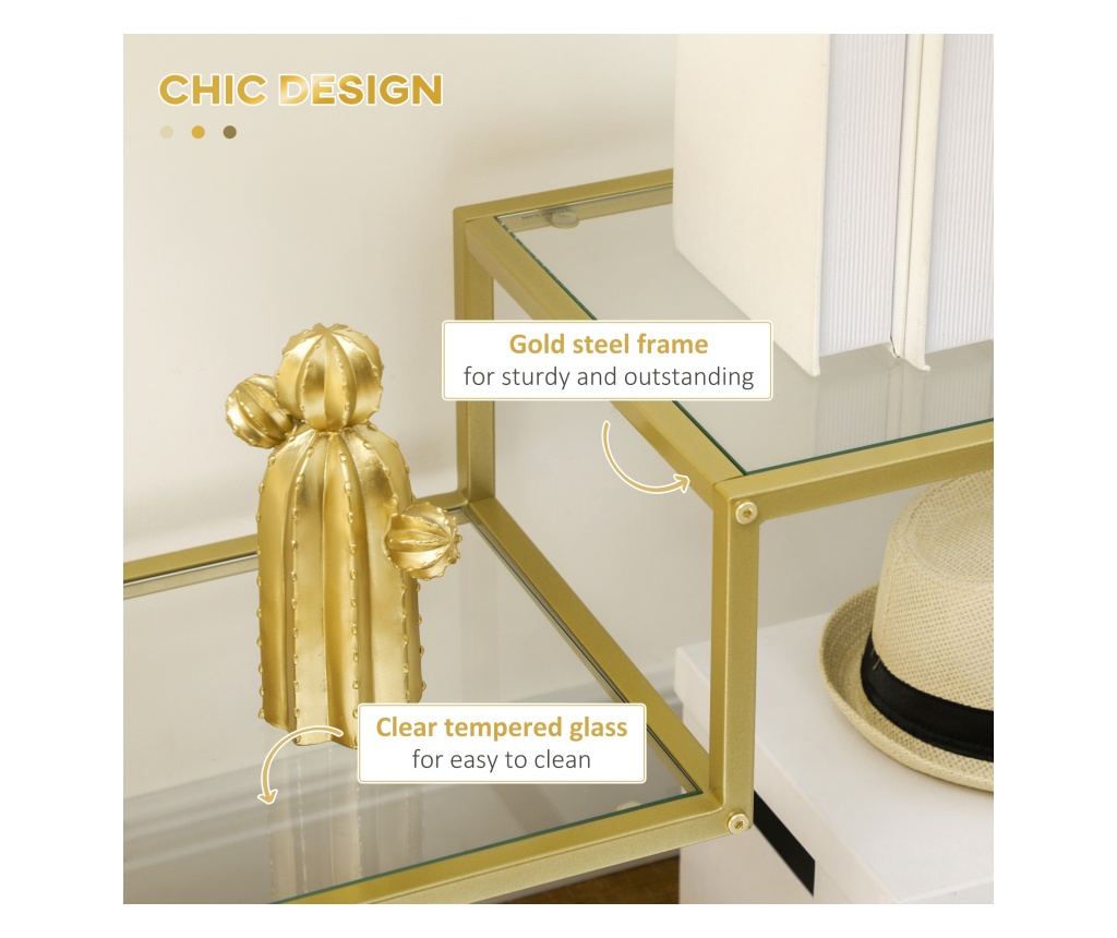 Златна конзолна маса, 100 см кафе маса от закалено стъкло, маса за антре с рафтове за съхранение, стоманена рамка за всекидневна - 6
