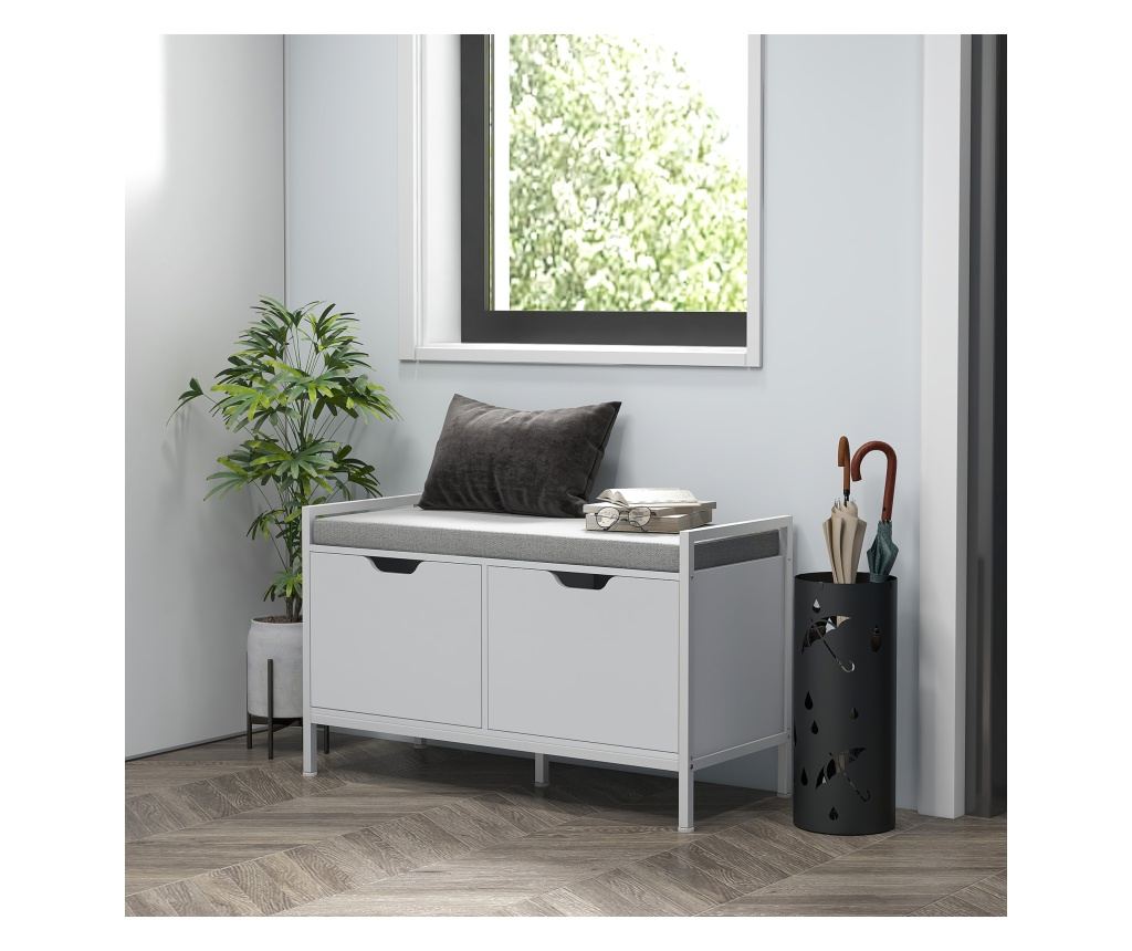 Bancheta Dulap pentru Pantofi cu 2 Compartimente si Perna, Dulap Pantofi pentru Hol, 84x35x50 cm, Alb - 2