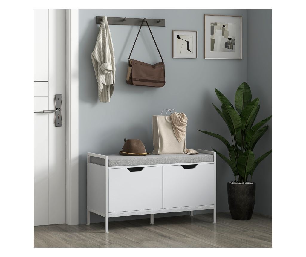 Bancheta Dulap pentru Pantofi cu 2 Compartimente si Perna, Dulap Pantofi pentru Hol, 84x35x50 cm, Alb - 3