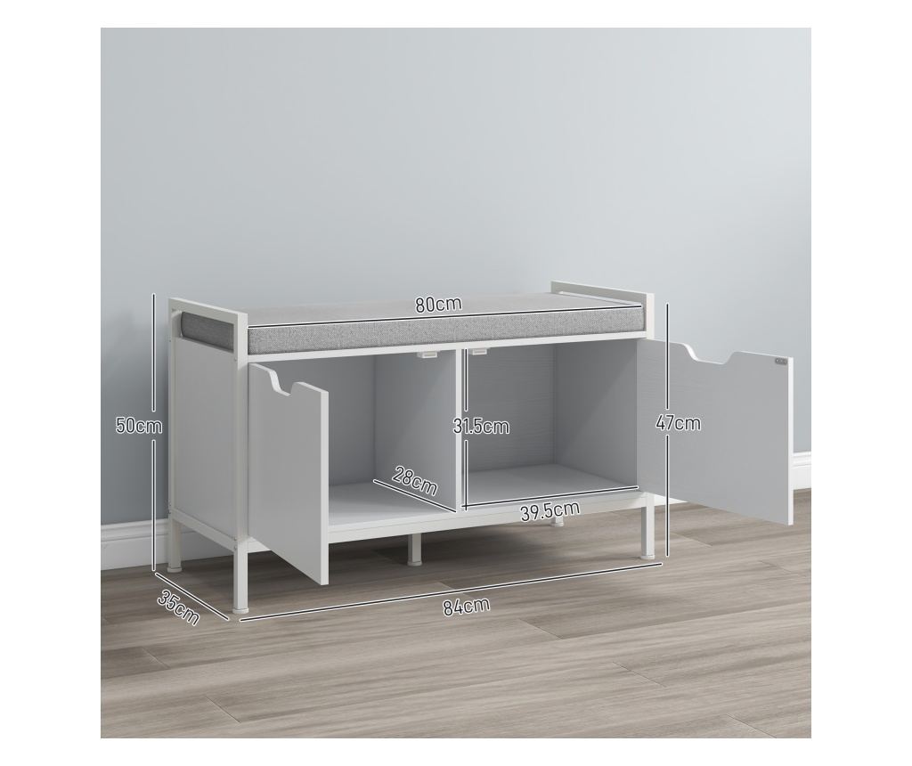 Bancheta Dulap pentru Pantofi cu 2 Compartimente si Perna, Dulap Pantofi pentru Hol, 84x35x50 cm, Alb - 4