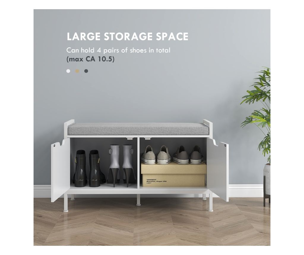 Bancheta Dulap pentru Pantofi cu 2 Compartimente si Perna, Dulap Pantofi pentru Hol, 84x35x50 cm, Alb - 5