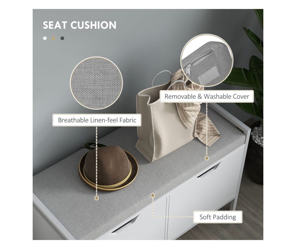 Bancheta Dulap pentru Pantofi cu 2 Compartimente si Perna, Dulap Pantofi pentru Hol, 84x35x50 cm, Alb - 6