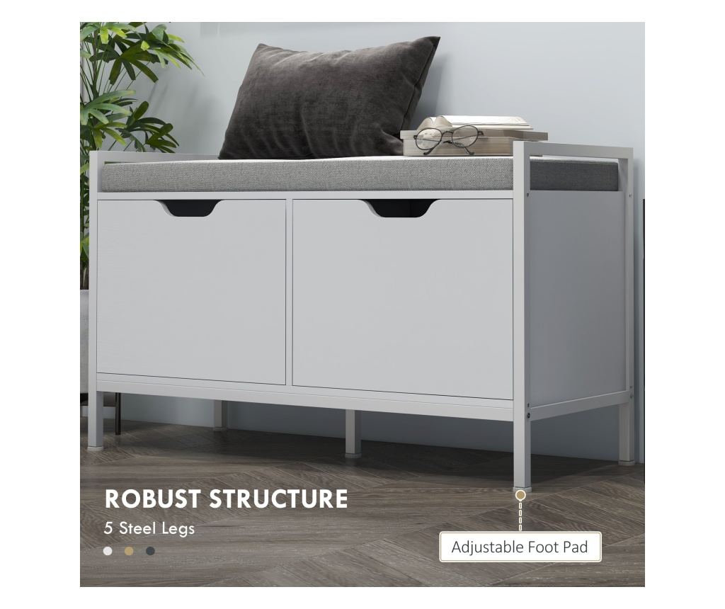 Bancheta Dulap pentru Pantofi cu 2 Compartimente si Perna, Dulap Pantofi pentru Hol, 84x35x50 cm, Alb - 7