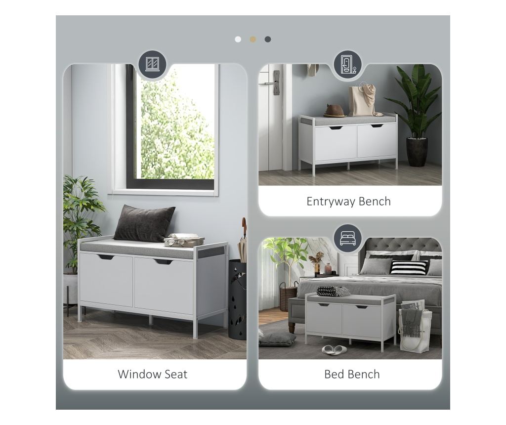 Bancheta Dulap pentru Pantofi cu 2 Compartimente si Perna, Dulap Pantofi pentru Hol, 84x35x50 cm, Alb - 8
