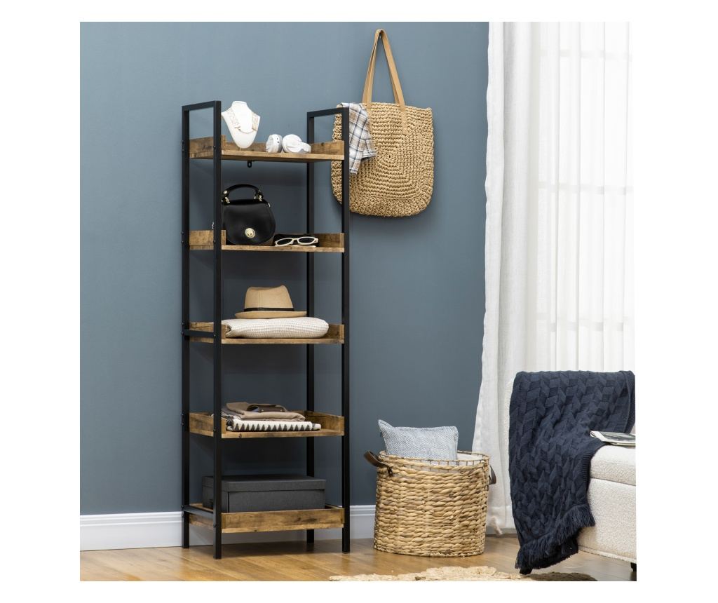 Ipari stílusú 5 polcos könyvespolc, fa és fém könyvespolc otthonra és irodába, 48x30x155cm, rusztikus barna - 2