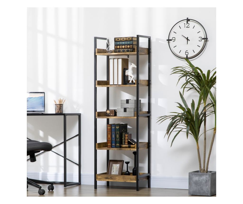 Ipari stílusú 5 polcos könyvespolc, fa és fém könyvespolc otthonra és irodába, 48x30x155cm, rusztikus barna - 3