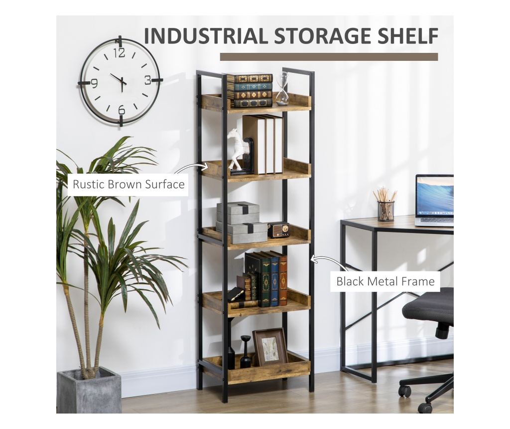 Ipari stílusú 5 polcos könyvespolc, fa és fém könyvespolc otthonra és irodába, 48x30x155cm, rusztikus barna - 5