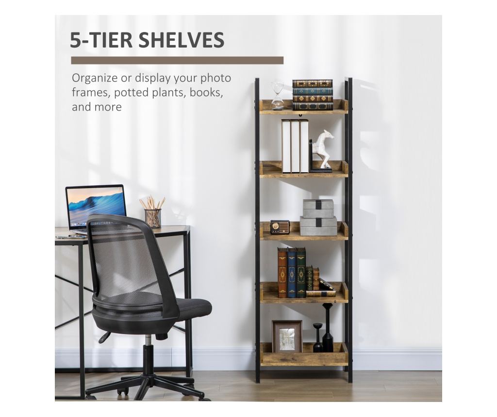 Ipari stílusú 5 polcos könyvespolc, fa és fém könyvespolc otthonra és irodába, 48x30x155cm, rusztikus barna - 6